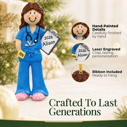Hand-painted details and laser engraved personalization on the nurse christmas ornament, ribbon included