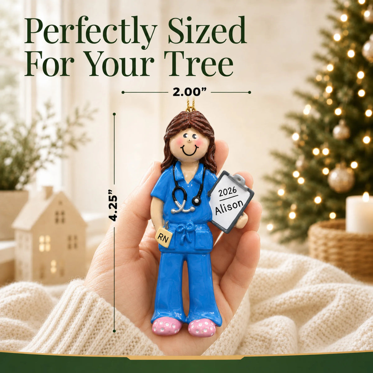 Size guide: the personalized nurse christmas ornament is 2.00 in wide by 4.25 in tall, shown in hand