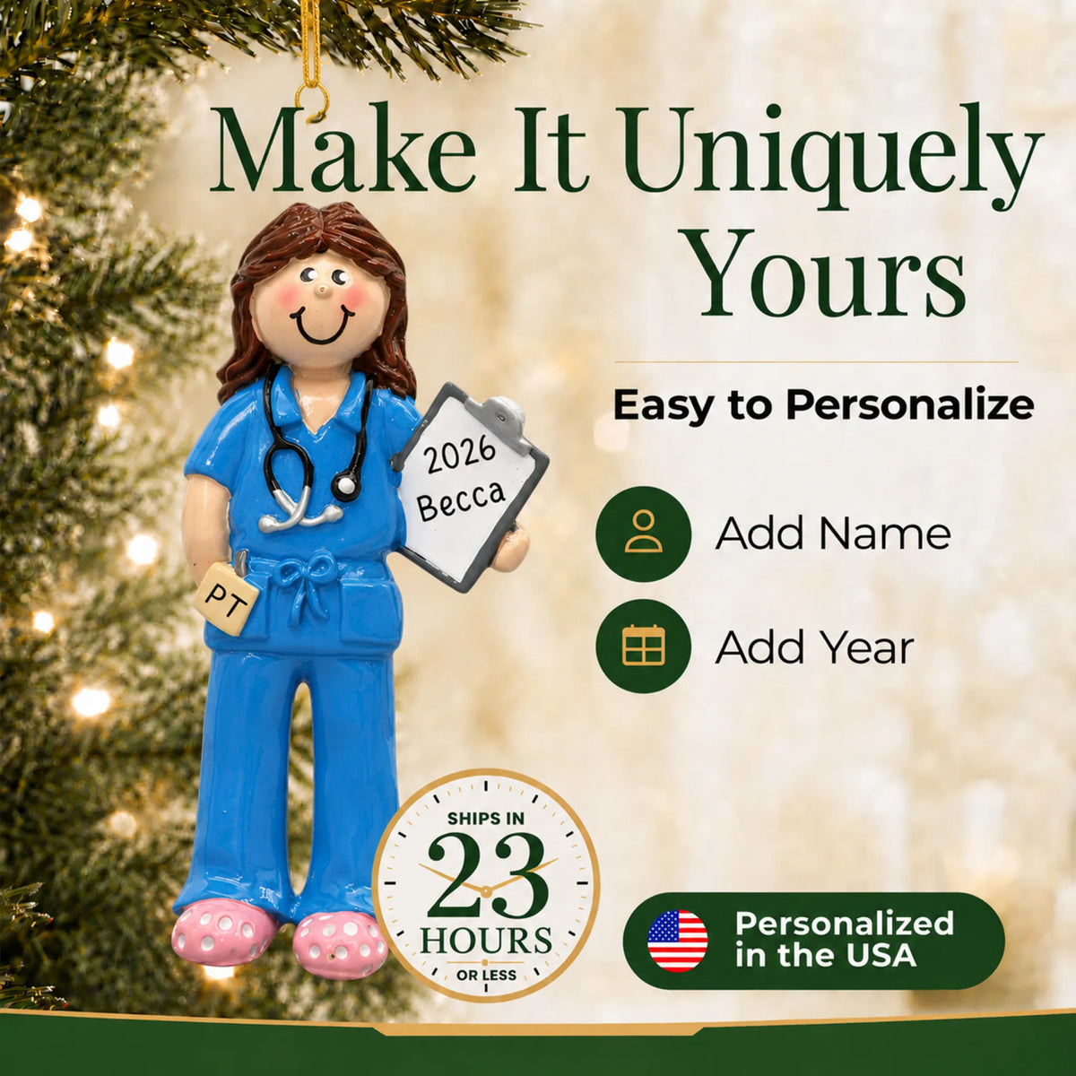 Make it yours: add name and year to the personalized physical therapist christmas ornament