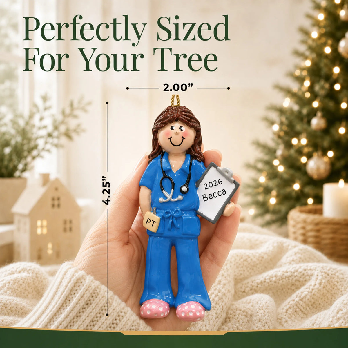 Size guide: the personalized physical therapist christmas ornament is 2.00 in wide by 4.25 in tall, shown in hand