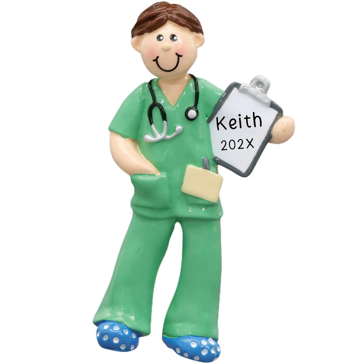 Personalized medical scrubs Christmas ornament for nurses, doctors, therapists, and healthcare workers.