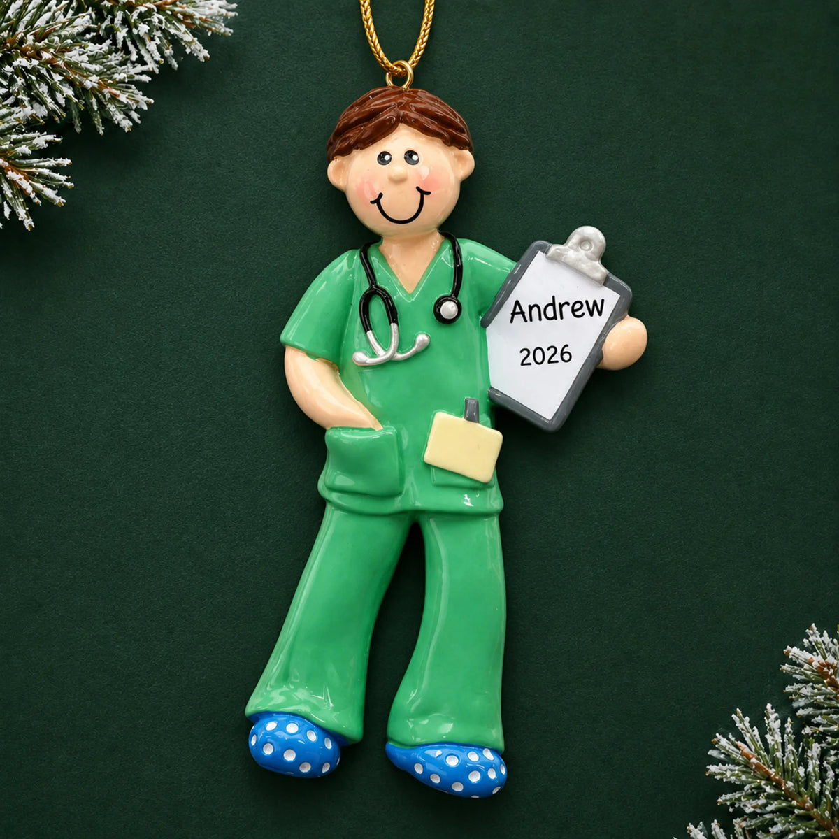 Personalized scrubs medical professional christmas ornament on a dark green pine background