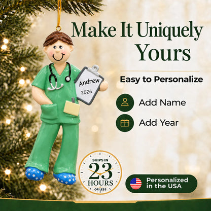 Make it yours: add name and year to the personalized scrubs medical professional christmas ornament