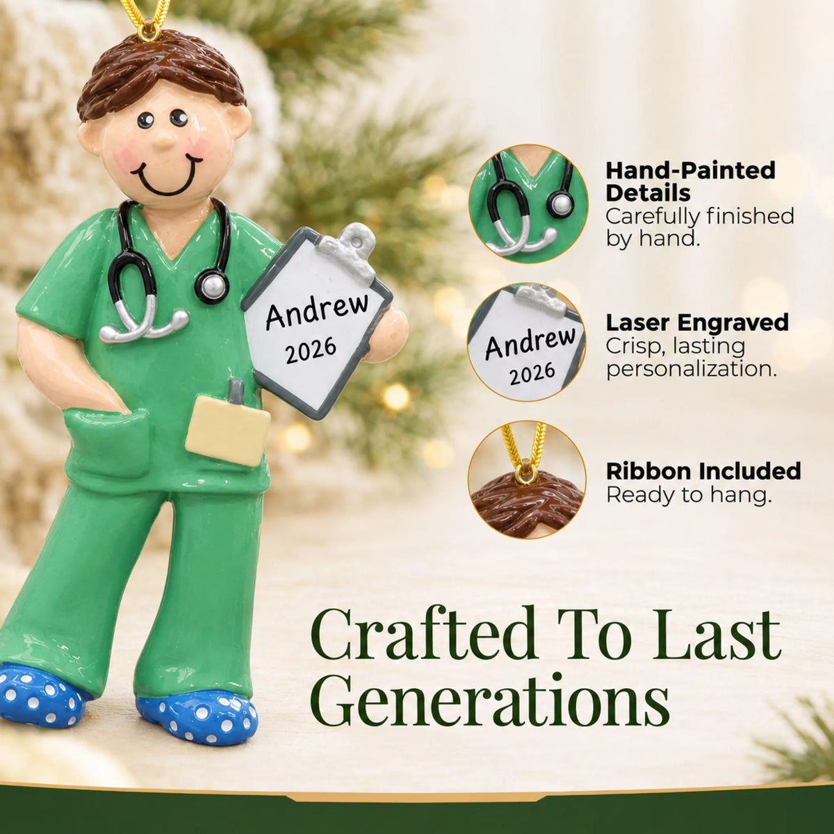 Hand-painted, laser engraved scrubs medical professional christmas ornament, ribbon included