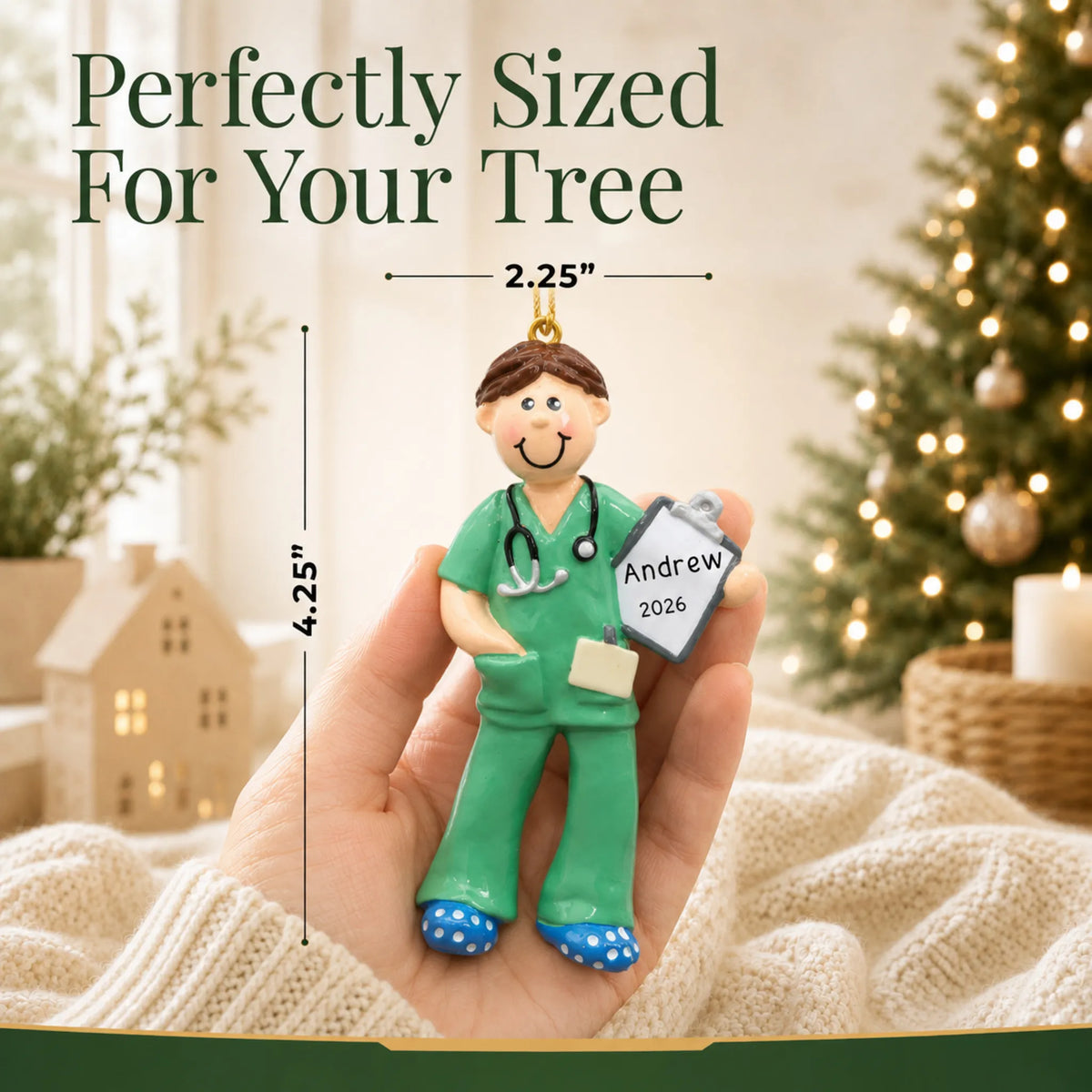 Size guide: the personalized scrubs medical professional christmas ornament is 2.25 in wide by 4.25 in tall, shown in hand