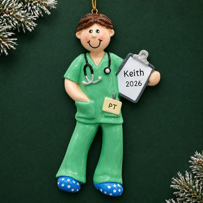 Personalized physical therapist guy christmas ornament on a dark green pine background