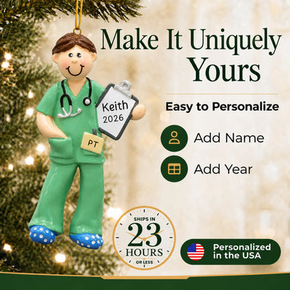 Make it yours: add name and year to the personalized physical therapist guy christmas ornament