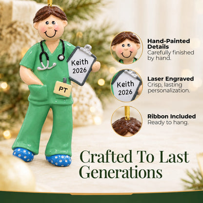 Hand-painted details and laser engraved personalization on the physical therapist guy christmas ornament, ribbon included