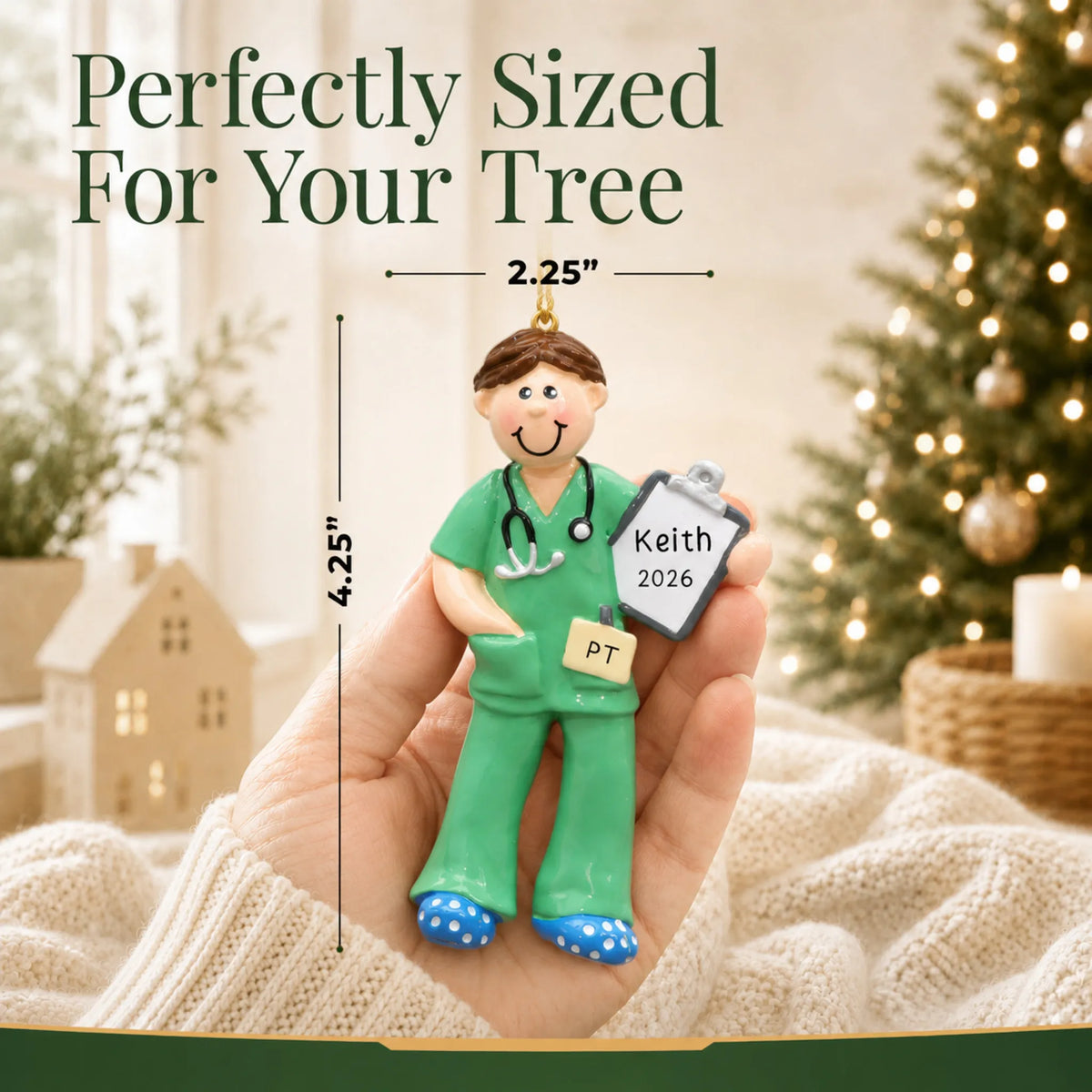 Size guide: the personalized physical therapist guy christmas ornament is 2.25 in wide by 4.25 in tall, shown in hand
