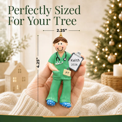Size guide: the personalized physical therapist guy christmas ornament is 2.25 in wide by 4.25 in tall, shown in hand
