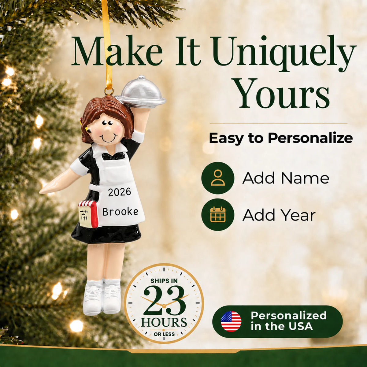 Make it yours: add name and year to the personalized waitress server christmas ornament