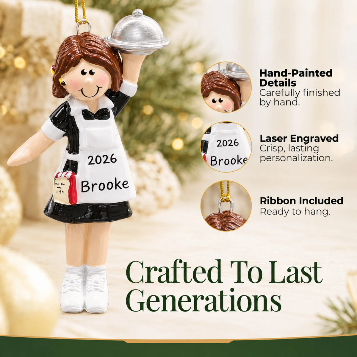 Hand-painted details and laser engraved personalization on the waitress server christmas ornament, ribbon included