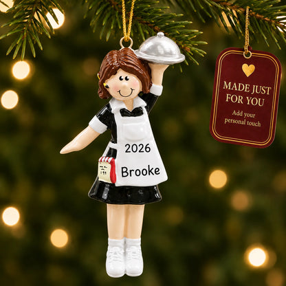 Waitress server christmas ornament hanging on a lit Christmas tree with a Made Just For You gift tag