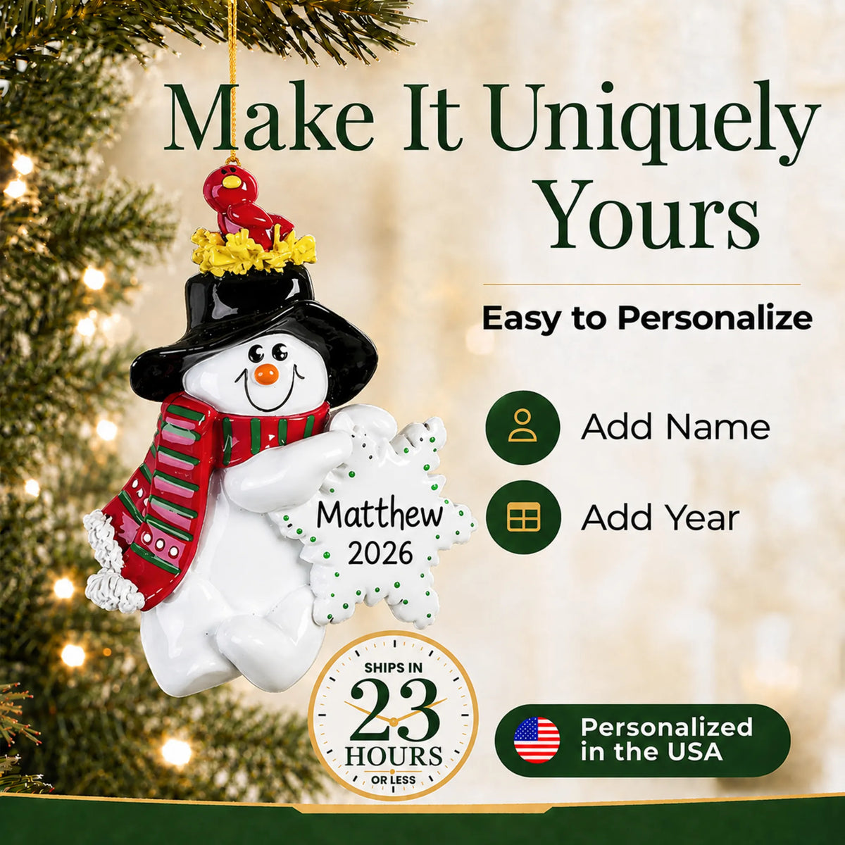 Make it yours: personalize the Birdsnest Snowman christmas ornament with a name and the year