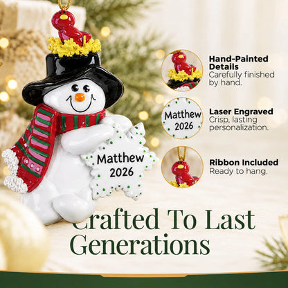 Hand-painted, laser engraved Birdsnest Snowman christmas ornament, ribbon included