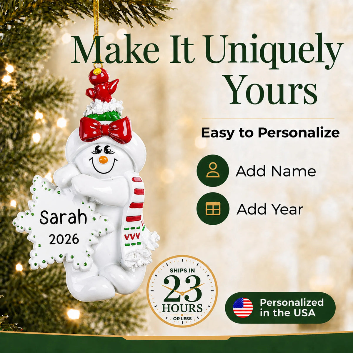 Make it yours: personalize the Birdsnest Snow Woman christmas ornament with a name and the year