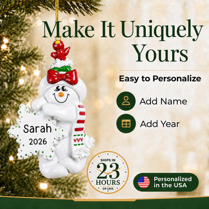Make it yours: personalize the Birdsnest Snow Woman christmas ornament with a name and the year