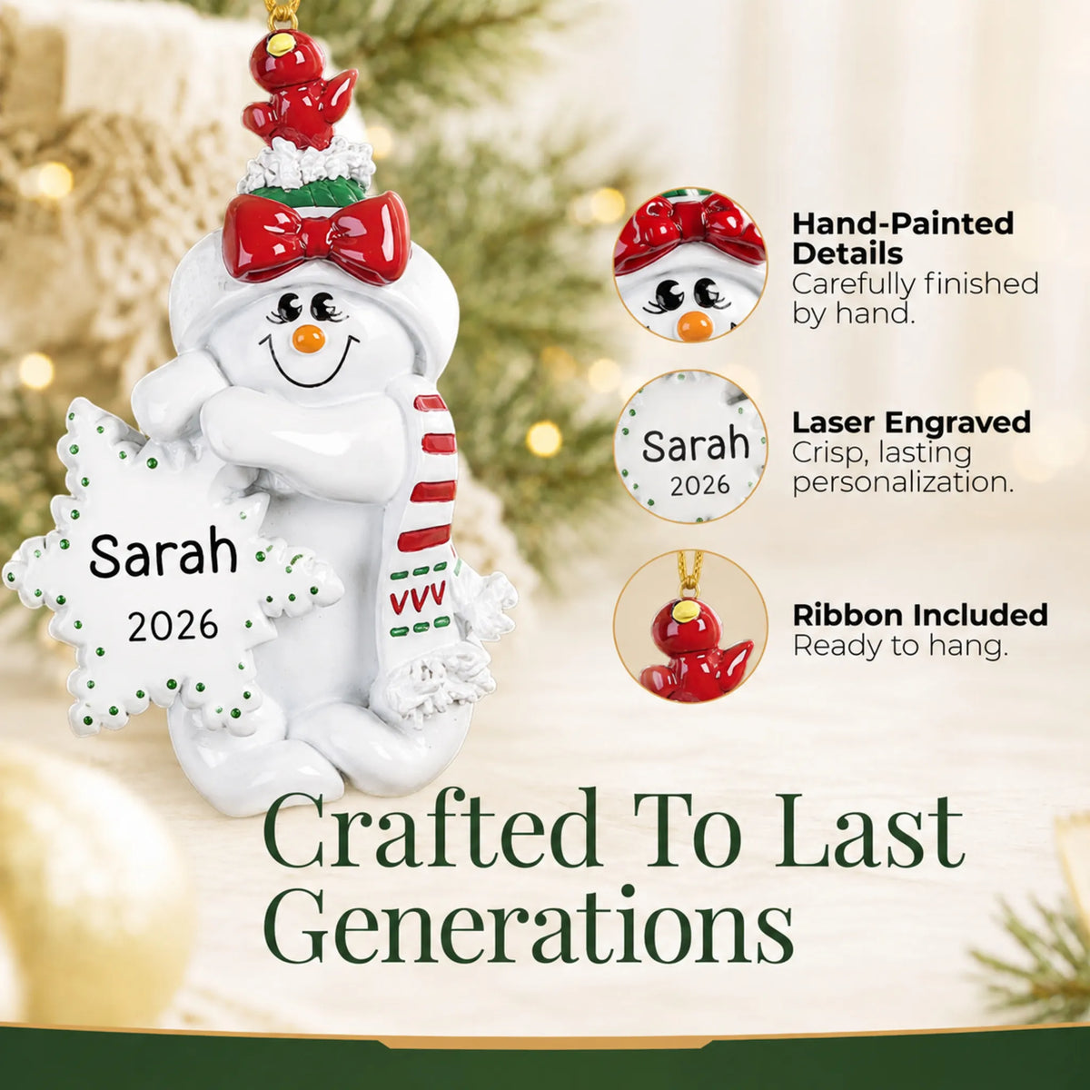 Hand-painted, laser engraved Birdsnest Snow Woman christmas ornament, ribbon included