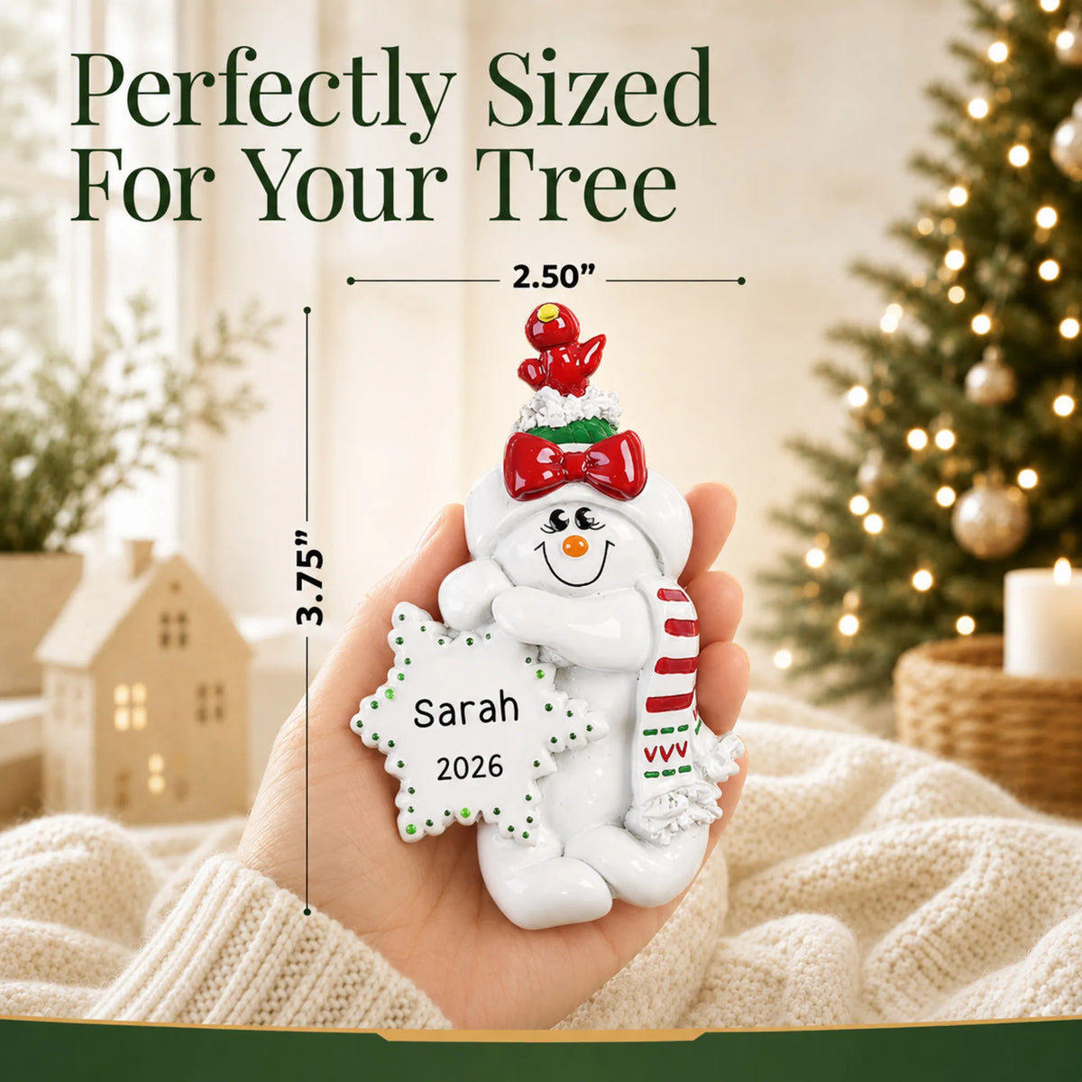 Size guide: the personalized Birdsnest Snow Woman christmas ornament is 2.50 in wide by 3.75 in tall, shown in hand