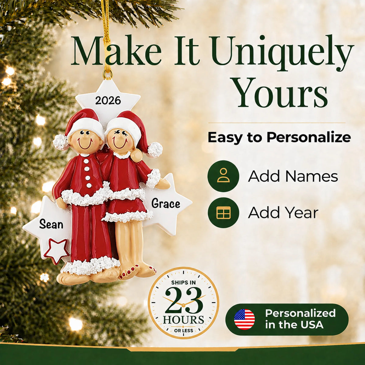 Make it yours: add names to the personalized christmas pajama couple ornament