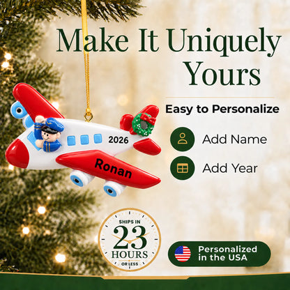 Make it yours: add name and year to the personalized airplane pilot christmas ornament