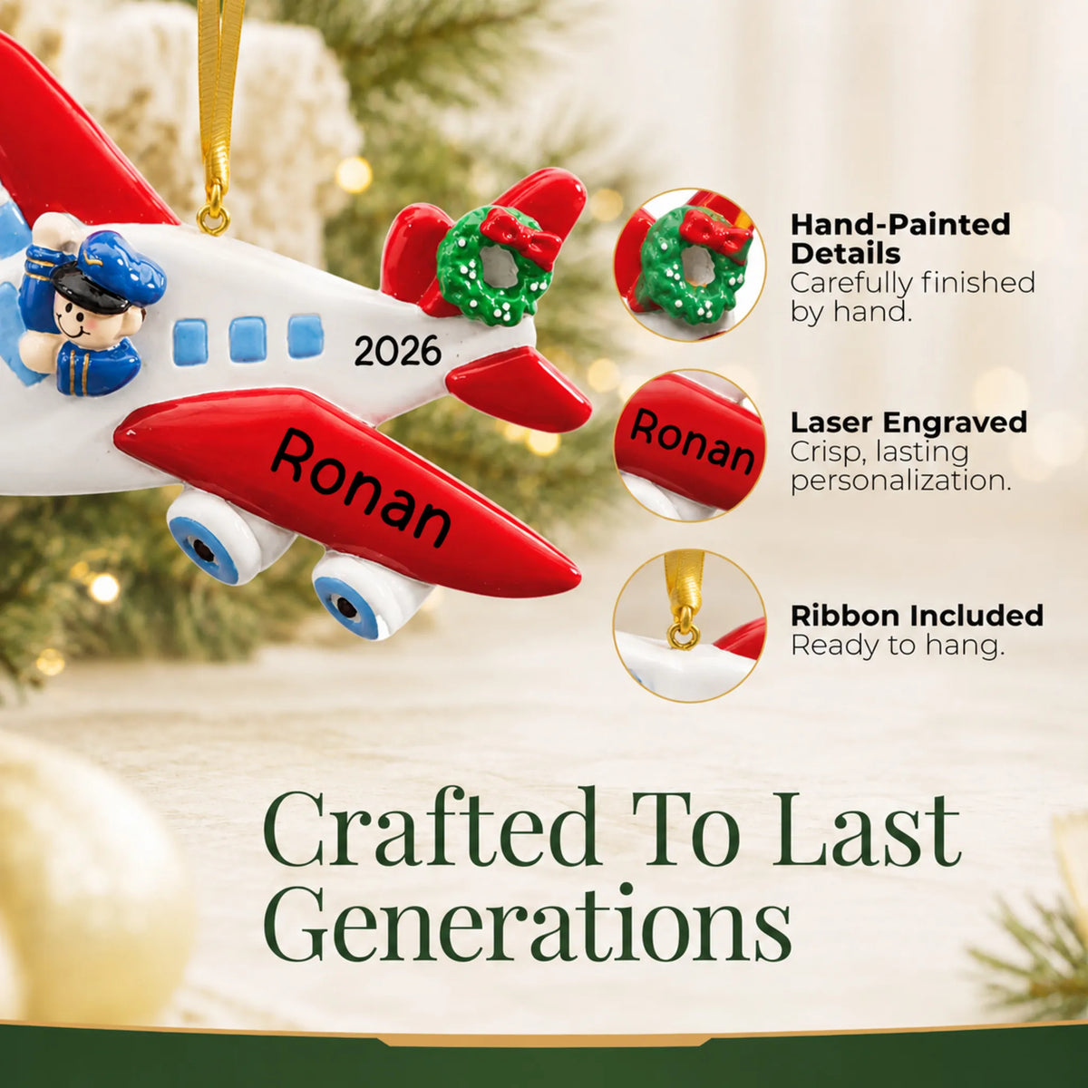 Hand-painted details and laser engraved personalization on the airplane pilot christmas ornament, ribbon included