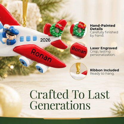 Hand-painted details and laser engraved personalization on the airplane pilot christmas ornament, ribbon included