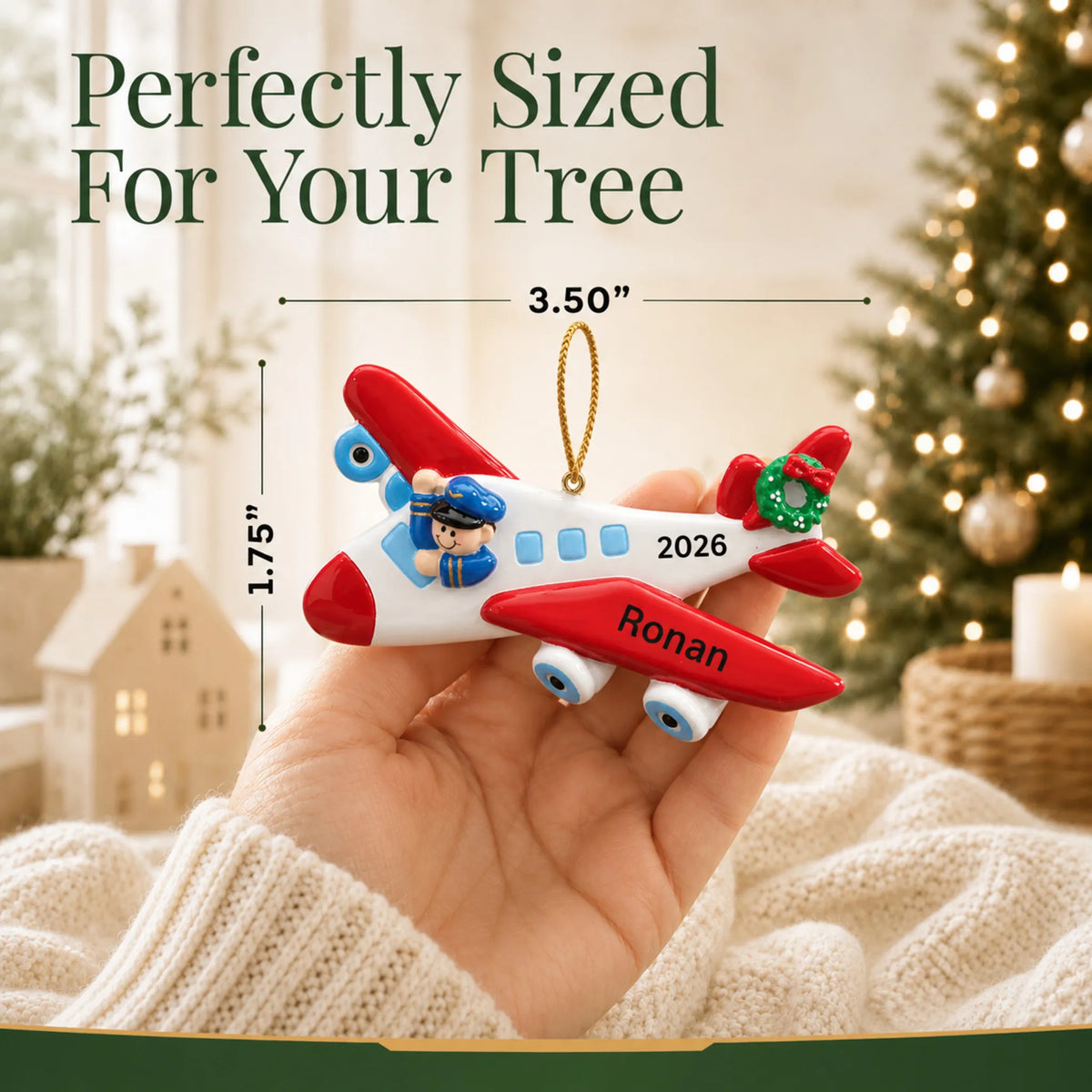 Size guide: the personalized airplane pilot christmas ornament is 3.50 in wide by 1.75 in tall, shown in hand