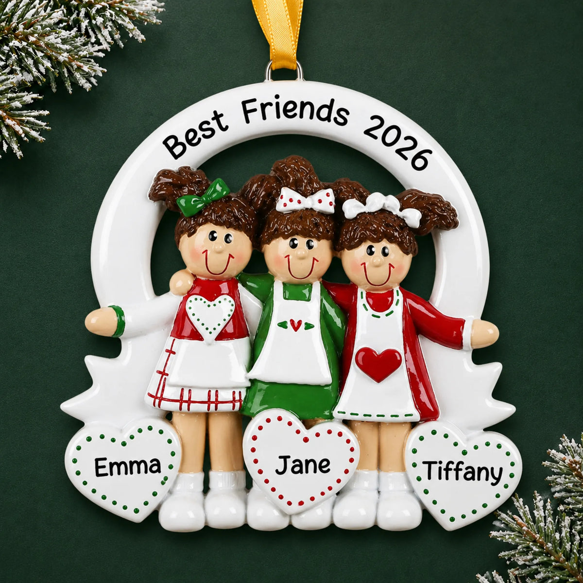 Personalized friends / sisters 3 christmas ornament on a dark green pine background