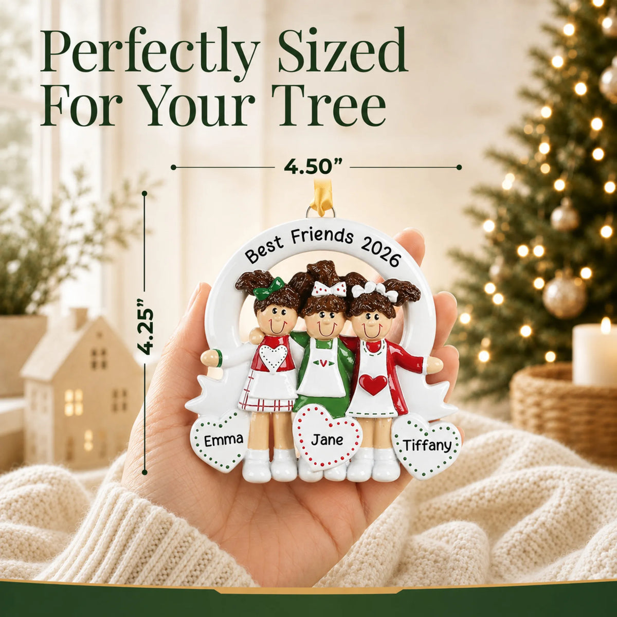 Size guide: the personalized friends / sisters 3 christmas ornament is 4.50 in wide by 4.25 in tall, shown in hand