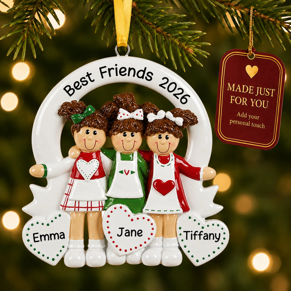 Friends / sisters 3 christmas ornament hanging on a lit Christmas tree with a Made Just For You gift tag