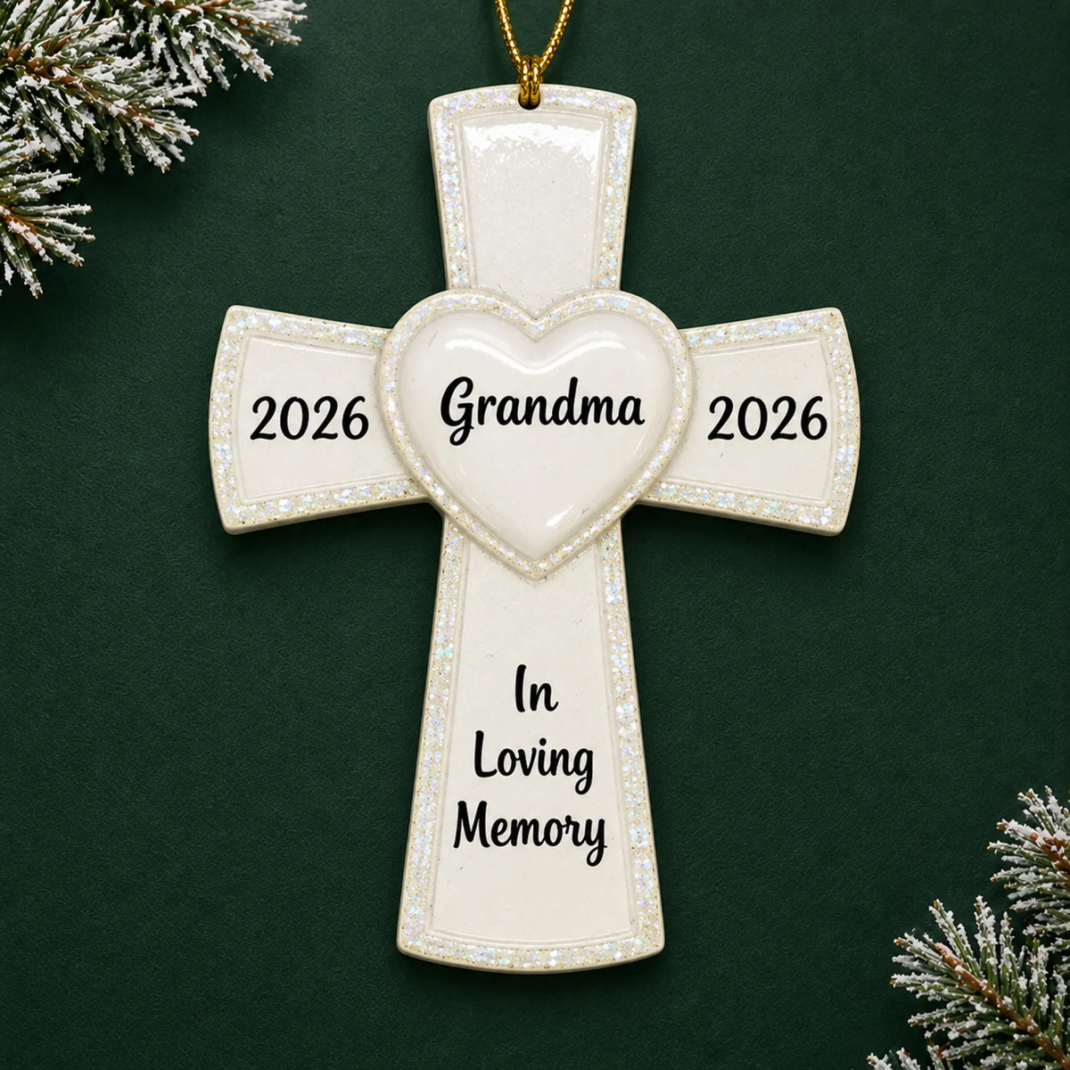 Personalized White Cross Memorial christmas ornament on a dark green pine background