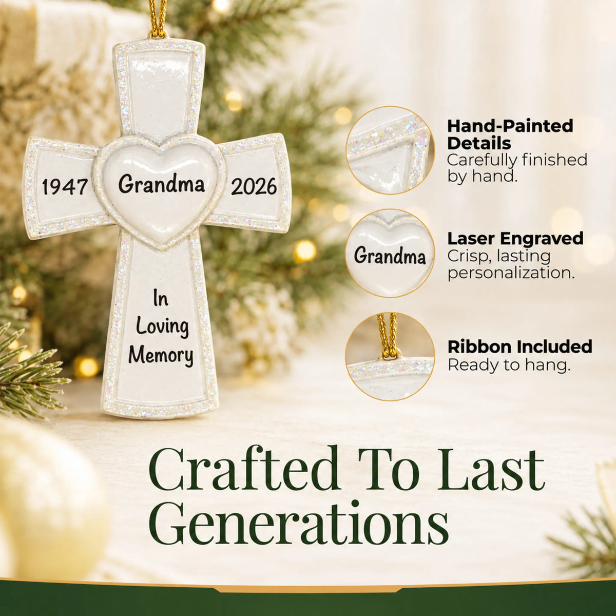 Hand-painted details and laser engraved personalization on the White Cross Memorial christmas ornament, ribbon included