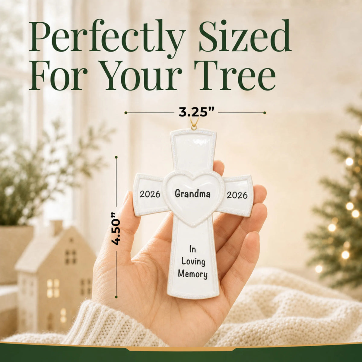 Size guide: the personalized White Cross Memorial christmas ornament is 3.25 in wide by 4.50 in tall, shown in hand