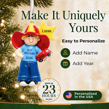 Make it yours: add name and year to the personalized big brother firefighter christmas ornament