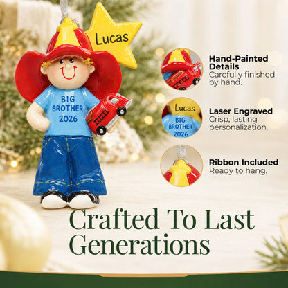 Hand-painted details and laser engraved personalization on the big brother firefighter christmas ornament, ribbon included
