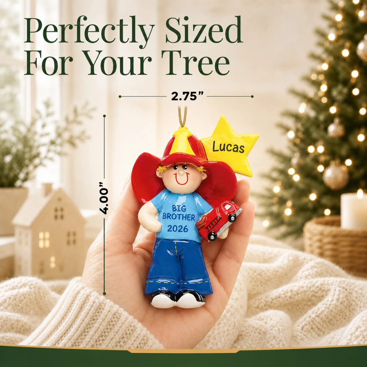Size guide: the personalized big brother firefighter christmas ornament is 2.75 in wide by 4.00 in tall, shown in hand