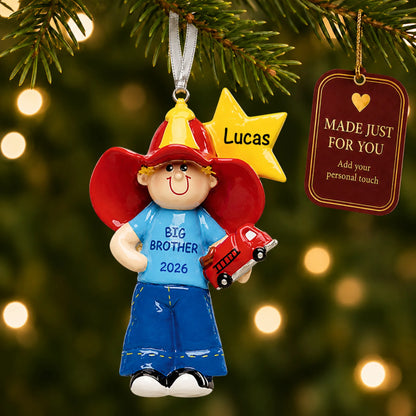 Big brother firefighter christmas ornament hanging on a lit Christmas tree with a Made Just For You gift tag