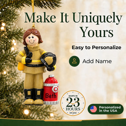 Make it yours: add name to the personalized firefighter woman christmas ornament