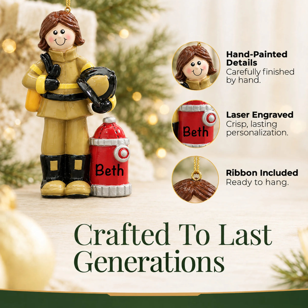 Hand-painted details and laser engraved personalization on the firefighter woman christmas ornament, ribbon included