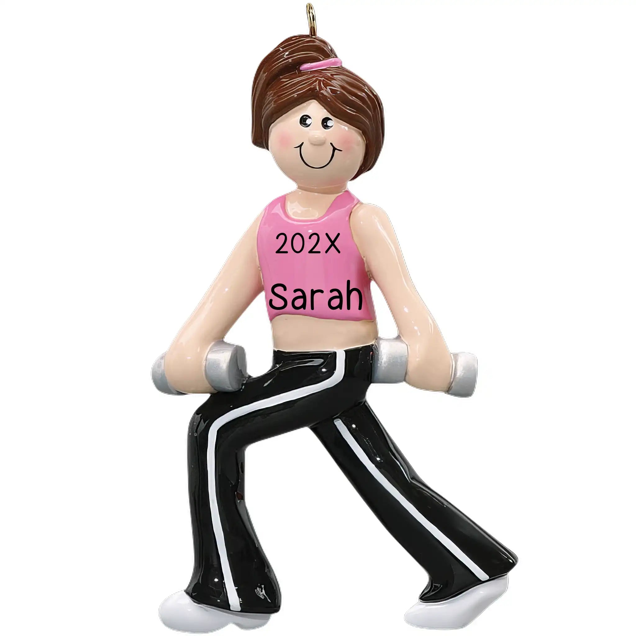 Personalized Christmas ornament featuring a smiling female athlete in a pink top and black pants performing a lunge while holding silver dumbbells, ready for custom name engraving.