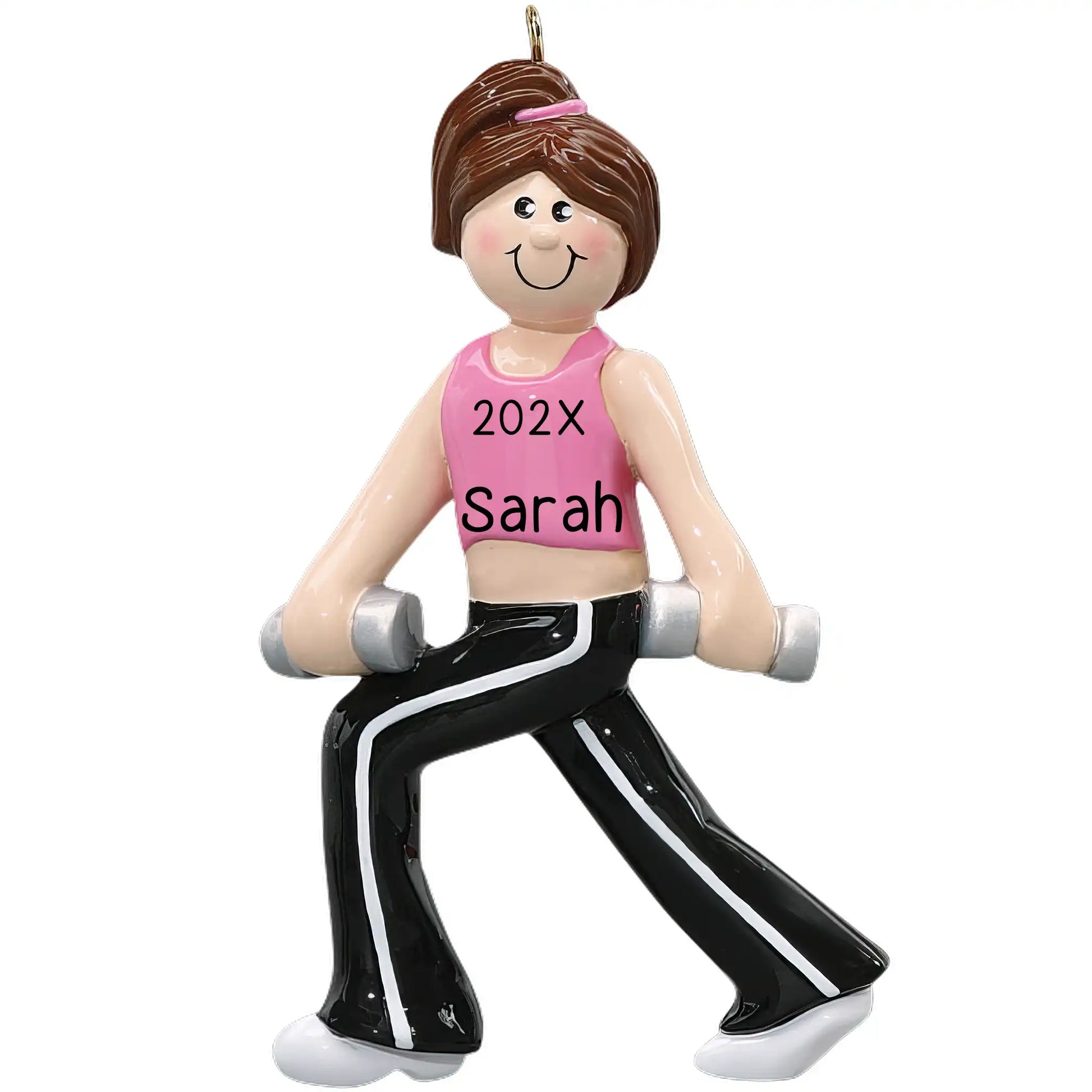 Personalized Christmas ornament featuring a smiling female athlete in a pink top and black pants performing a lunge while holding silver dumbbells, ready for custom name engraving.