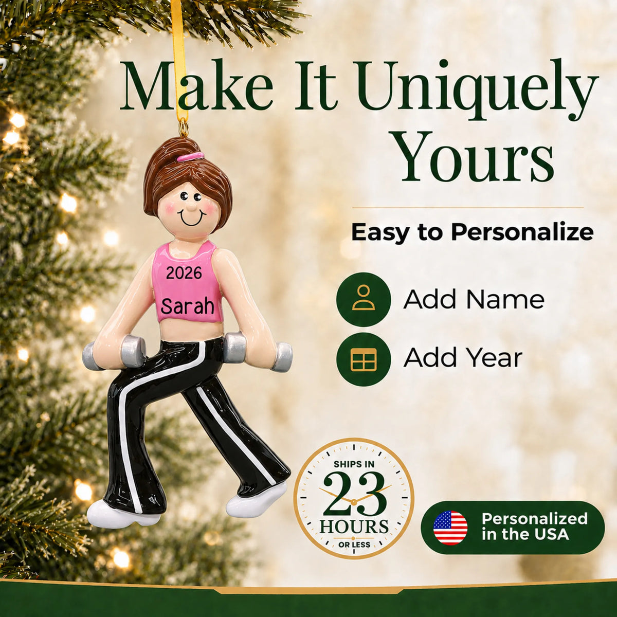 Make it yours: add name and year to the personalized female fitness christmas ornament