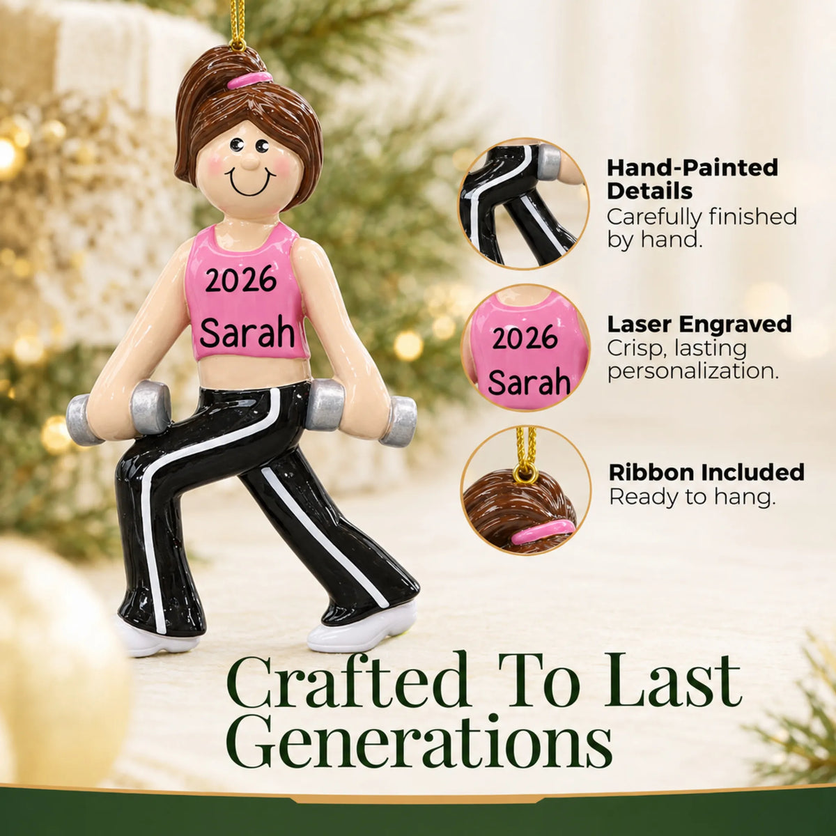 Hand-painted details and laser engraved personalization on the female fitness christmas ornament, ribbon included