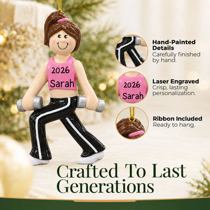 Hand-painted details and laser engraved personalization on the female fitness christmas ornament, ribbon included
