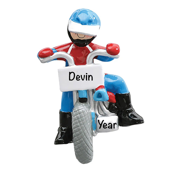 A personalized dirt bike Christmas ornament with a red, blue, and white design, featuring a name plate and customizable text.