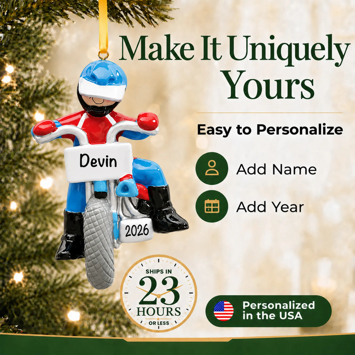 Make it yours: add name and year to the personalized dirt bike rider christmas ornament