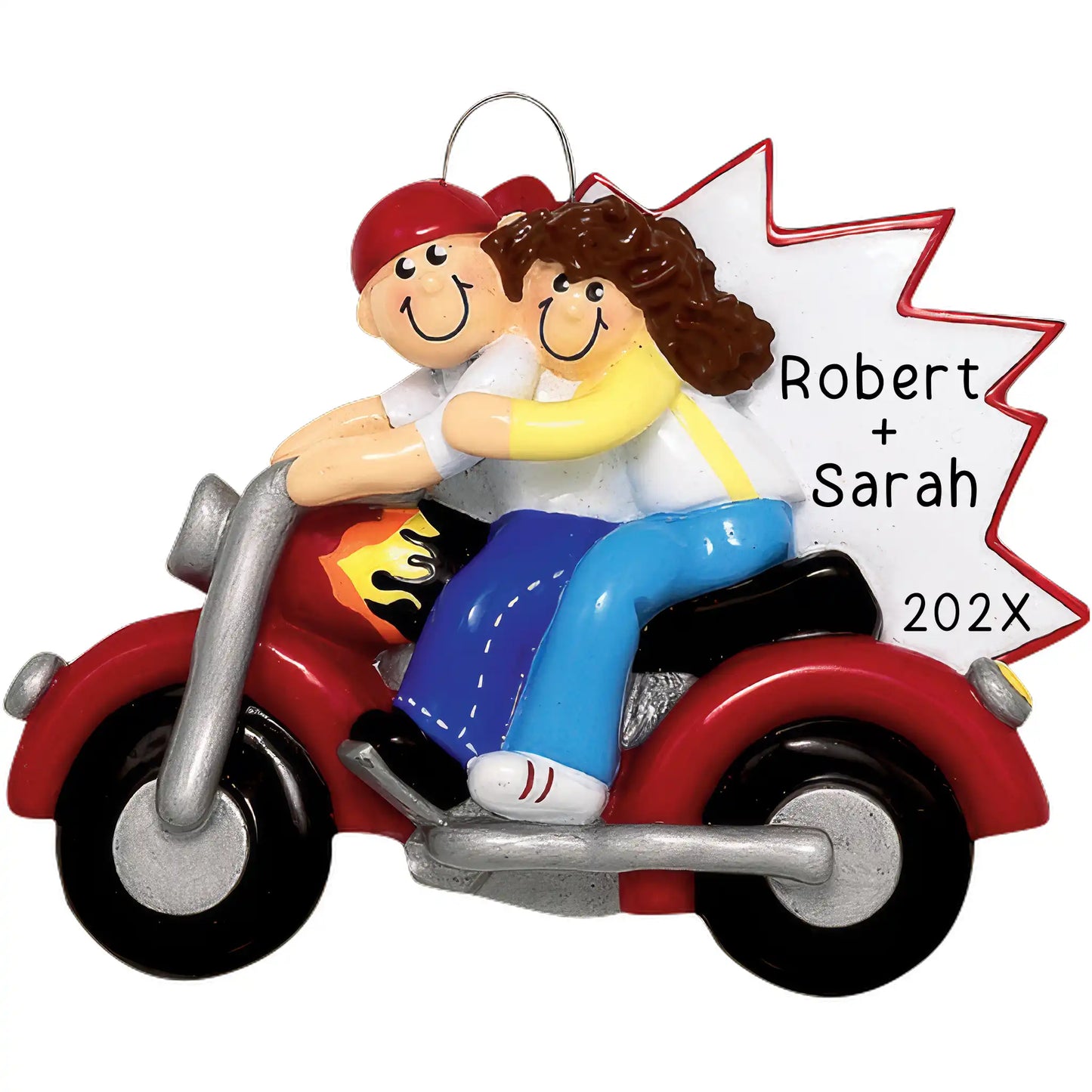 A personalized Christmas ornament featuring a couple riding a red motorcycle, with the man holding the woman in a playful manner. The ornament has a space for names and a date, and it includes the text 'Robert + Sarah 202X'.