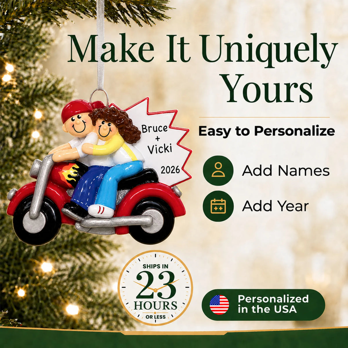 Make it yours: add names to the personalized motorcycle couple christmas ornament
