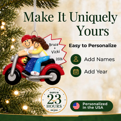 Make it yours: add names to the personalized motorcycle couple christmas ornament